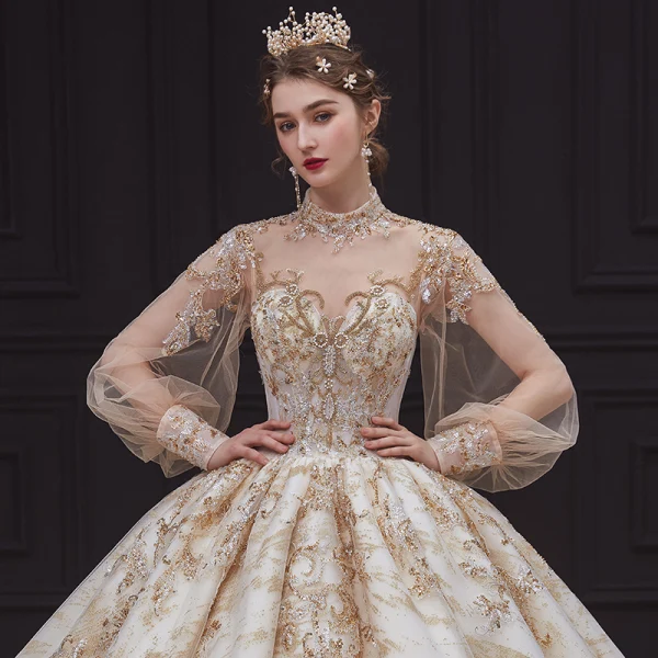 Victorian Style Champagne See-through Bridal Wedding Dresses 2020 Ball Gown High Neck Puffy Long Sleeve Backless Sequins Beading Glitter Tulle Royal Train Ruffle