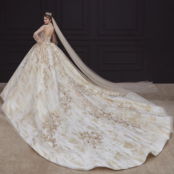 Victorian Style Champagne See-through Bridal Wedding Dresses 2020 Ball Gown High Neck Puffy Long Sleeve Backless Sequins Beading Glitter Tulle Royal Train Ruffle