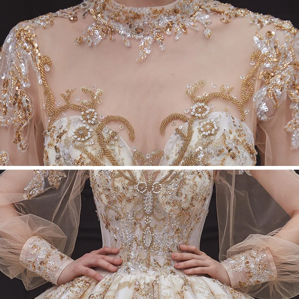 Victorian Style Champagne See-through Bridal Wedding Dresses 2020 Ball Gown High Neck Puffy Long Sleeve Backless Sequins Beading Glitter Tulle Royal Train Ruffle