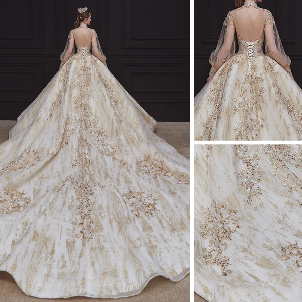 Victorian Style Champagne See-through Bridal Wedding Dresses 2020 Ball Gown High Neck Puffy Long Sleeve Backless Sequins Beading Glitter Tulle Royal Train Ruffle