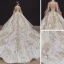 Victorian Style Champagne See-through Bridal Wedding Dresses 2020 Ball Gown High Neck Puffy Long Sleeve Backless Sequins Beading Glitter Tulle Royal Train Ruffle