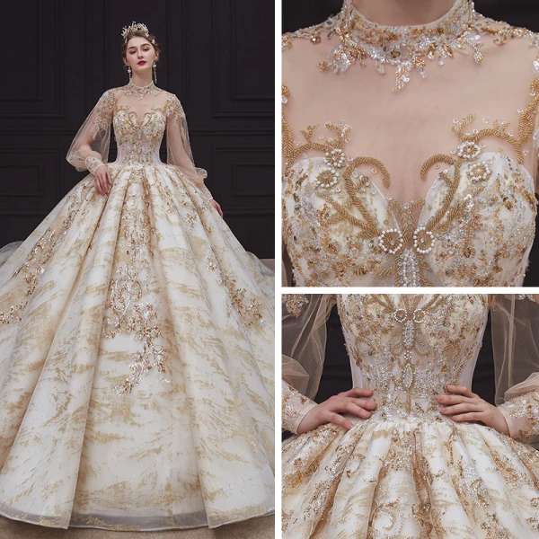 Victorian Style Champagne See-through Bridal Wedding Dresses 2020 Ball Gown High Neck Puffy Long Sleeve Backless Sequins Beading Glitter Tulle Royal Train Ruffle