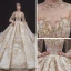 Victorian Style Champagne See-through Bridal Wedding Dresses 2020 Ball Gown High Neck Puffy Long Sleeve Backless Sequins Beading Glitter Tulle Royal Train Ruffle
