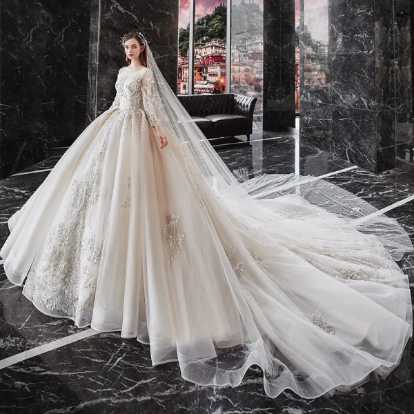 Luxury Gorgeous Champagne Wedding Veils 2020 Tulle Lace Appliques Flower  Chapel Train