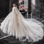 Luxury / Gorgeous Champagne See-through Bridal Wedding Dresses 2020 Ball Gown Scoop Neck Long Sleeve Backless Appliques Flower Beading Glitter Tulle Cathedral Train Ruffle