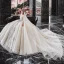 Luxury / Gorgeous Champagne See-through Bridal Wedding Dresses 2020 Ball Gown Scoop Neck Long Sleeve Backless Appliques Flower Beading Glitter Tulle Cathedral Train Ruffle