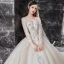 Luxury / Gorgeous Champagne See-through Bridal Wedding Dresses 2020 Ball Gown Scoop Neck Long Sleeve Backless Appliques Flower Beading Glitter Tulle Cathedral Train Ruffle