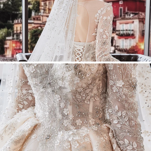 Luxury / Gorgeous Champagne See-through Bridal Wedding Dresses 2020 Ball Gown Scoop Neck Long Sleeve Backless Appliques Flower Beading Glitter Tulle Cathedral Train Ruffle