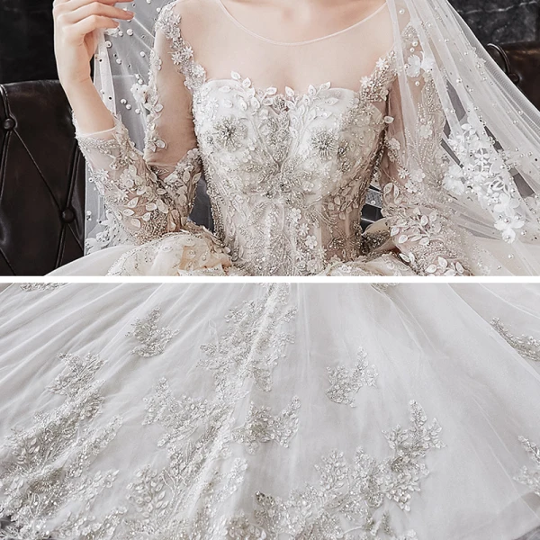 Luxury / Gorgeous Champagne See-through Bridal Wedding Dresses 2020 Ball Gown Scoop Neck Long Sleeve Backless Appliques Flower Beading Glitter Tulle Cathedral Train Ruffle