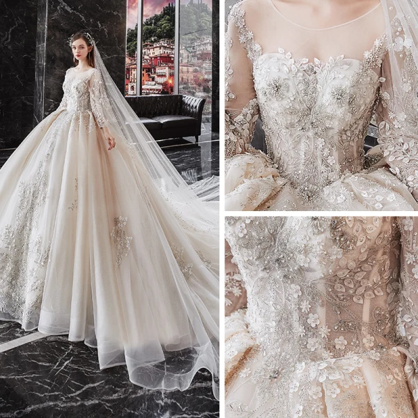 Luxury / Gorgeous Champagne See-through Bridal Wedding Dresses 2020 Ball Gown Scoop Neck Long Sleeve Backless Appliques Flower Beading Glitter Tulle Cathedral Train Ruffle