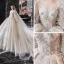 Luxury / Gorgeous Champagne See-through Bridal Wedding Dresses 2020 Ball Gown Scoop Neck Long Sleeve Backless Appliques Flower Beading Glitter Tulle Cathedral Train Ruffle