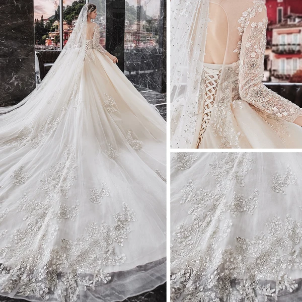 Luxury / Gorgeous Champagne See-through Bridal Wedding Dresses 2020 Ball Gown Scoop Neck Long Sleeve Backless Appliques Flower Beading Glitter Tulle Cathedral Train Ruffle
