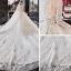 Luxury / Gorgeous Champagne See-through Bridal Wedding Dresses 2020 Ball Gown Scoop Neck Long Sleeve Backless Appliques Flower Beading Glitter Tulle Cathedral Train Ruffle