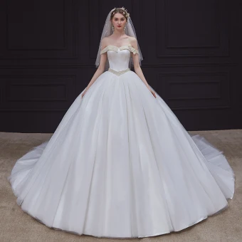 High End White Satin Bridal Wedding Dresses 2020 Ball Gown Off The Shoulder Short Sleeve Backless Pearl Sash Chapel Train Ruffle