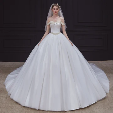 High End White Satin Bridal Wedding Dresses 2020 Ball Gown Off The Shoulder Short Sleeve Backless Pearl Sash Chapel Train Ruffle