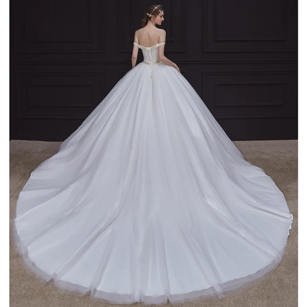 High-end White Satin Bridal Wedding Dresses 2020 Ball Gown Off-The-Shoulder Short Sleeve Backless Pearl Sash Chapel Train Ruffle