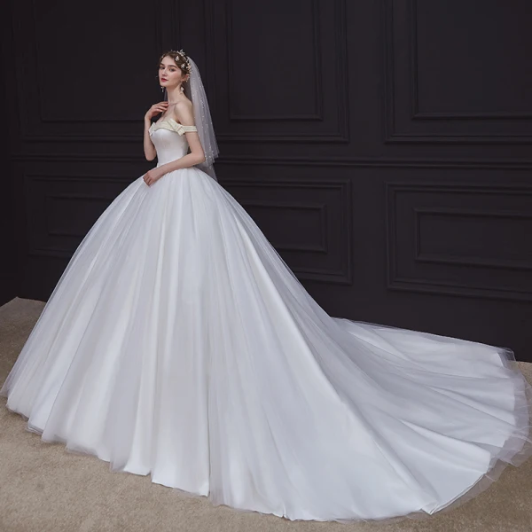 High-end White Satin Bridal Wedding Dresses 2020 Ball Gown Off-The-Shoulder Short Sleeve Backless Pearl Sash Chapel Train Ruffle