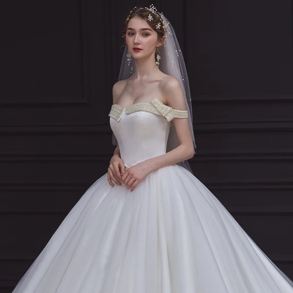 High-end White Satin Bridal Wedding Dresses 2020 Ball Gown Off-The-Shoulder Short Sleeve Backless Pearl Sash Chapel Train Ruffle