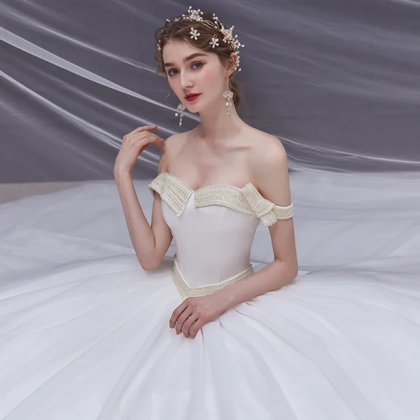 High-end White Satin Bridal Wedding Dresses 2020 Ball Gown Off-The-Shoulder Short Sleeve Backless Pearl Sash Chapel Train Ruffle