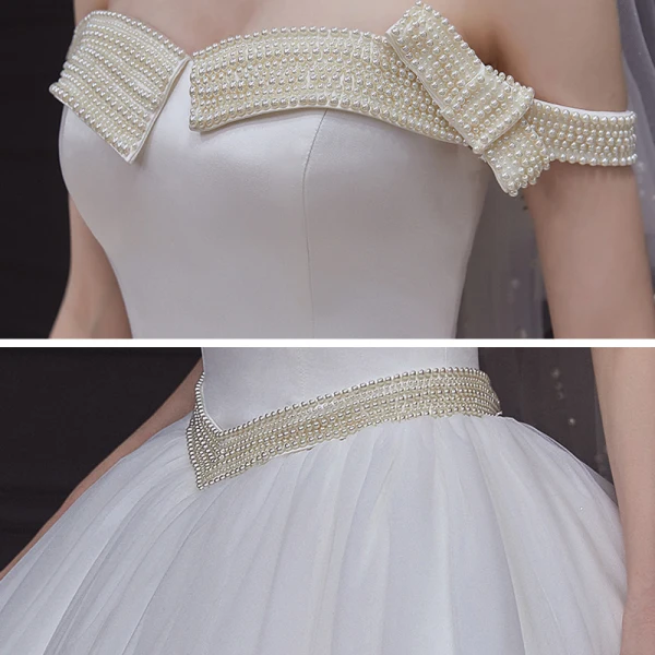 High-end White Satin Bridal Wedding Dresses 2020 Ball Gown Off-The-Shoulder Short Sleeve Backless Pearl Sash Chapel Train Ruffle