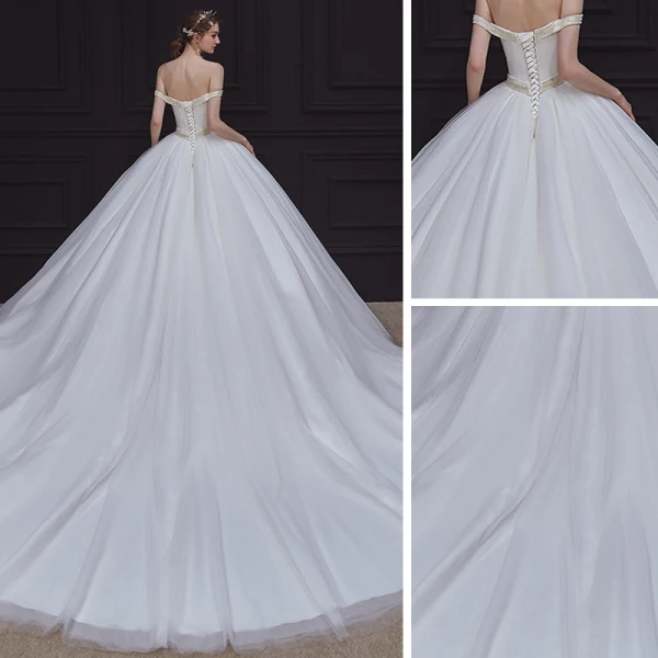 High-end White Satin Bridal Wedding Dresses 2020 Ball Gown Off-The-Shoulder Short Sleeve Backless Pearl Sash Chapel Train Ruffle