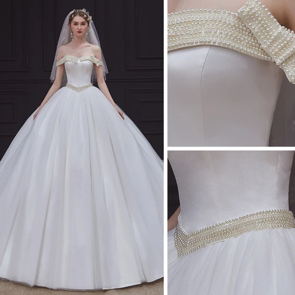 High-end White Satin Bridal Wedding Dresses 2020 Ball Gown Off-The-Shoulder Short Sleeve Backless Pearl Sash Chapel Train Ruffle