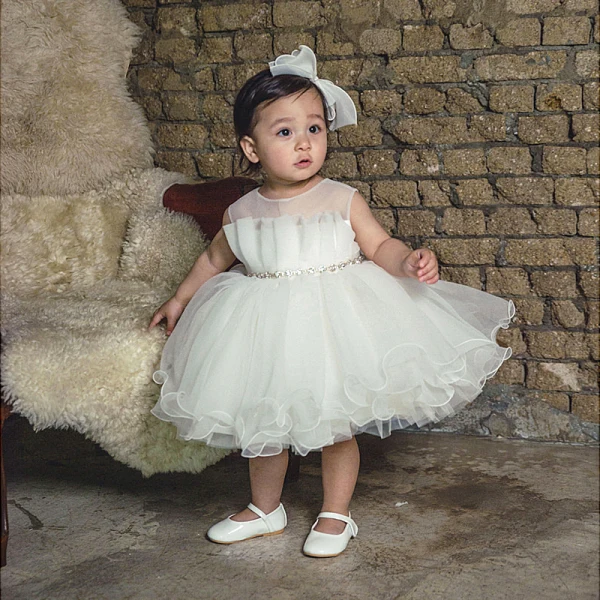 Elegant White Organza Birthday Flower Girl Dresses 2020 Ball Gown Scoop Neck Sleeveless Beading Sash Short Ruffle Wedding Party Dresses