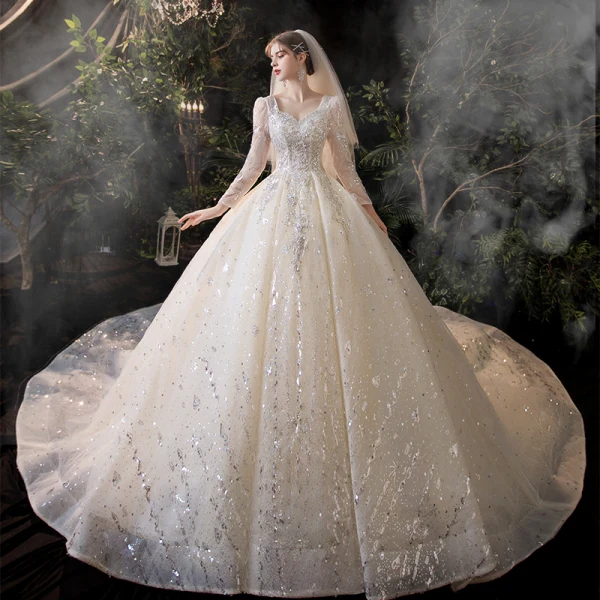 Vintage / Retro Champagne Bridal Wedding Dresses 2020 Ball Gown Square Neckline Long Sleeve Backless Appliques Lace Sequins Beading Chapel Train Ruffle