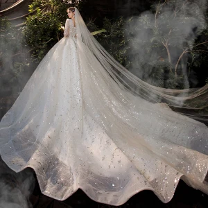 Vintage Champagne Brud Bröllopsklänningar 2020 Balklänning Fyrkantig Ringning Långärmad Halterneck Appliqués Spets Paljetter Beading Chapel Train Ruffle