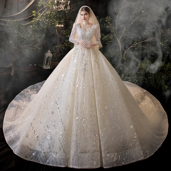 Vintage / Retro Champagne Bridal Wedding Dresses 2020 Ball Gown Square Neckline Long Sleeve Backless Appliques Lace Sequins Beading Chapel Train Ruffle