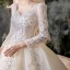 Vintage / Retro Champagne Bridal Wedding Dresses 2020 Ball Gown Square Neckline Long Sleeve Backless Appliques Lace Sequins Beading Chapel Train Ruffle