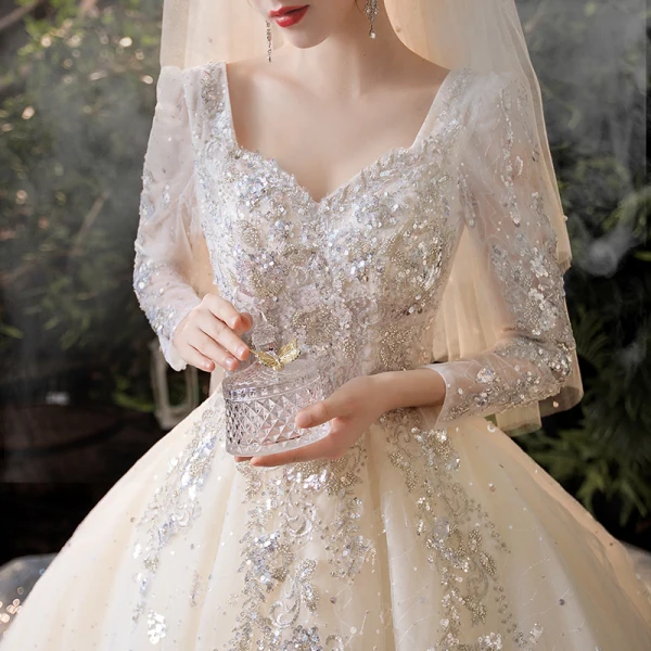 Vintage / Retro Champagne Bridal Wedding Dresses 2020 Ball Gown Square Neckline Long Sleeve Backless Appliques Lace Sequins Beading Chapel Train Ruffle