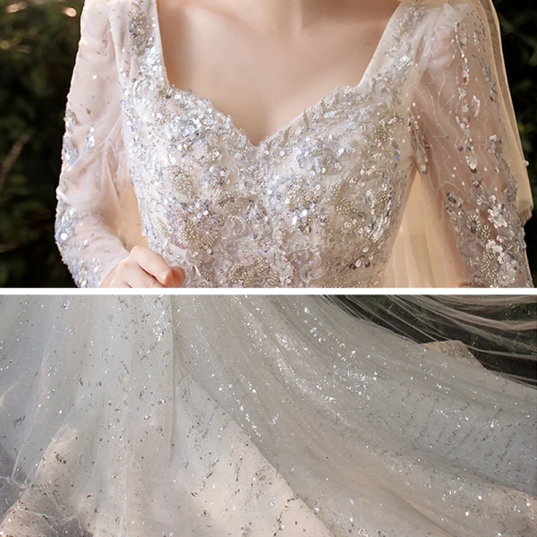 Vintage / Retro Champagne Bridal Wedding Dresses 2020 Ball Gown Square Neckline Long Sleeve Backless Appliques Lace Sequins Beading Chapel Train Ruffle