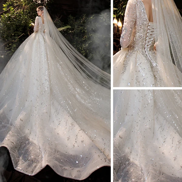 Vintage / Retro Champagne Bridal Wedding Dresses 2020 Ball Gown Square Neckline Long Sleeve Backless Appliques Lace Sequins Beading Chapel Train Ruffle