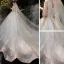 Vintage / Retro Champagne Bridal Wedding Dresses 2020 Ball Gown Square Neckline Long Sleeve Backless Appliques Lace Sequins Beading Chapel Train Ruffle