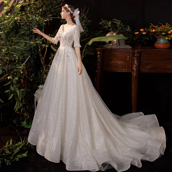 Champagne Outdoor / Garden Light Wedding Dresses 2020 A-Line / Princess V-Neck 1/2 Sleeves Backless Beading Sequins Glitter Tulle Sweep Train Ruffle