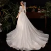 Champagne Outdoor / Garden Light Wedding Dresses 2020 A-Line / Princess V-Neck 1/2 Sleeves Backless Beading Sequins Glitter Tulle Sweep Train Ruffle