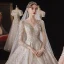Luxury / Gorgeous Champagne Bridal Wedding Dresses 2020 Ball Gown See-through Scoop Neck Long Sleeve Backless Beading Sequins Glitter Tulle Cathedral Train Ruffle