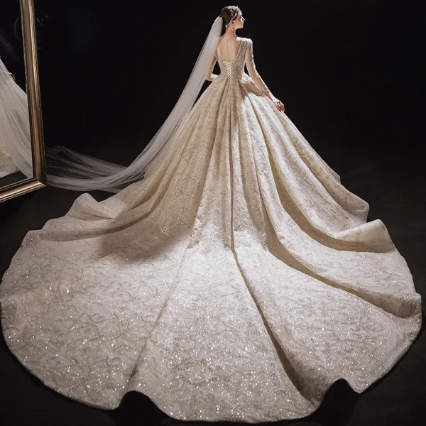 Luxury / Gorgeous Champagne Bridal Wedding Dresses 2020 Ball Gown See-through Scoop Neck Long Sleeve Backless Beading Sequins Glitter Tulle Cathedral Train Ruffle