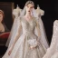 Luxury / Gorgeous Champagne Bridal Wedding Dresses 2020 Ball Gown See-through Scoop Neck Long Sleeve Backless Beading Sequins Glitter Tulle Cathedral Train Ruffle