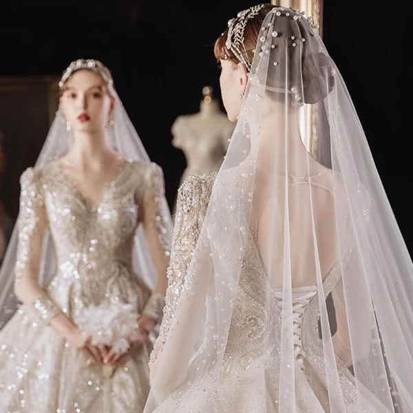 Luxury / Gorgeous Champagne Bridal Wedding Dresses 2020 Ball Gown See-through Scoop Neck Long Sleeve Backless Beading Sequins Glitter Tulle Cathedral Train Ruffle
