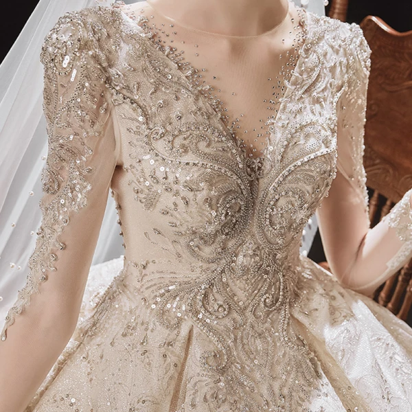 Luxury / Gorgeous Champagne Bridal Wedding Dresses 2020 Ball Gown See-through Scoop Neck Long Sleeve Backless Beading Sequins Glitter Tulle Cathedral Train Ruffle