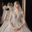 Luxury / Gorgeous Champagne Bridal Wedding Dresses 2020 Ball Gown See-through Scoop Neck Long Sleeve Backless Beading Sequins Glitter Tulle Cathedral Train Ruffle