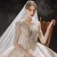 Luxury / Gorgeous Champagne Bridal Wedding Dresses 2020 Ball Gown See-through Scoop Neck Long Sleeve Backless Beading Sequins Glitter Tulle Cathedral Train Ruffle