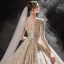Luxury / Gorgeous Champagne Bridal Wedding Dresses 2020 Ball Gown See-through Scoop Neck Long Sleeve Backless Beading Sequins Glitter Tulle Cathedral Train Ruffle