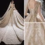Luxury / Gorgeous Champagne Bridal Wedding Dresses 2020 Ball Gown See-through Scoop Neck Long Sleeve Backless Beading Sequins Glitter Tulle Cathedral Train Ruffle