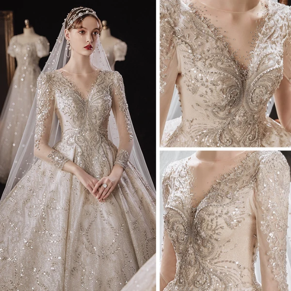 Luxury / Gorgeous Champagne Bridal Wedding Dresses 2020 Ball Gown See-through Scoop Neck Long Sleeve Backless Beading Sequins Glitter Tulle Cathedral Train Ruffle