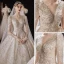 Luxury / Gorgeous Champagne Bridal Wedding Dresses 2020 Ball Gown See-through Scoop Neck Long Sleeve Backless Beading Sequins Glitter Tulle Cathedral Train Ruffle