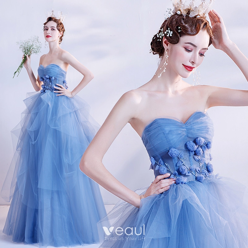 Affordable Royal Blue Prom Dresses 2020 Ball Gown Scoop Neck Short Sleeve  Appliques Sequins Flower Floor-Length / Long Ruffle Backless Formal Dresses