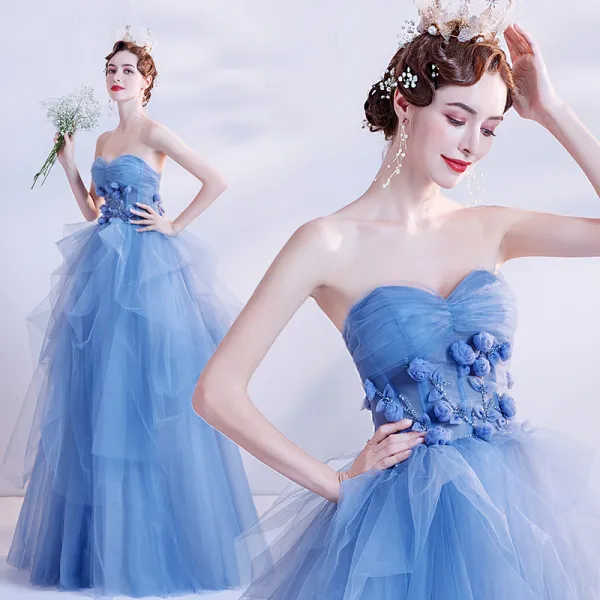 Elegant Ocean Blue Dancing Prom Dresses 2020 Ball Gown Sweetheart Sleeveless Appliques Flower Beading Floor-Length / Long Ruffle Backless Formal Dresses